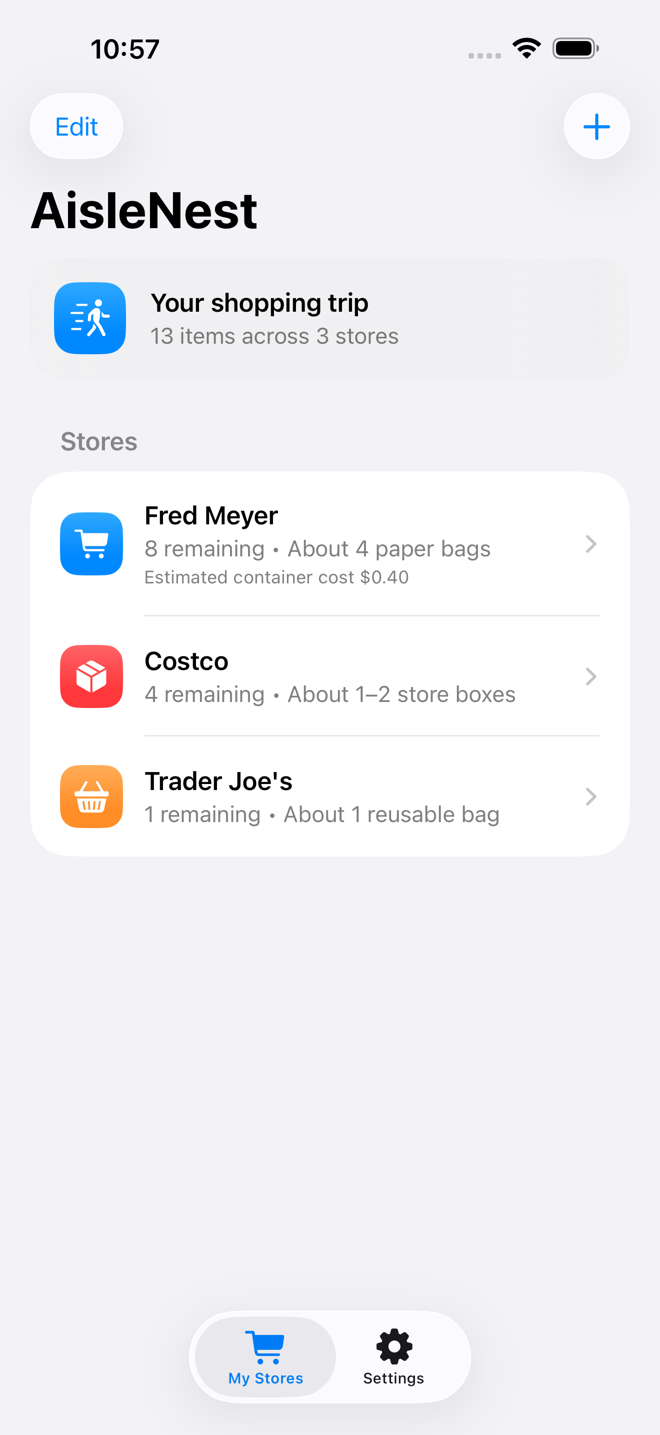AisleNest home screen with Target, Fred Meyer, Costco, and WinCo Foods