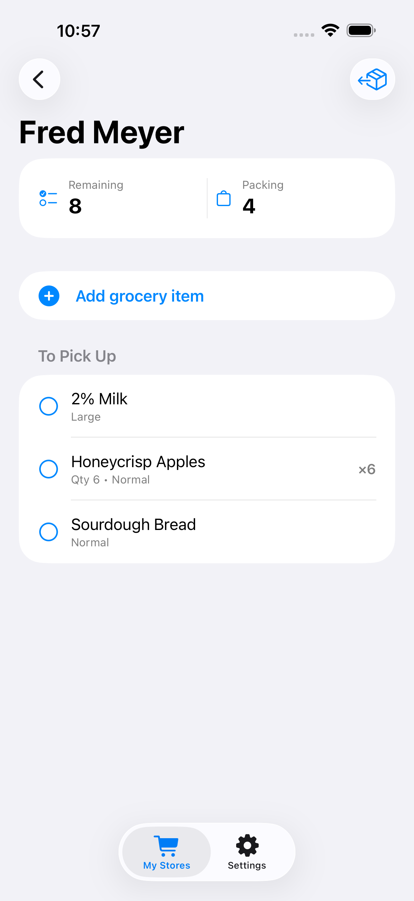 AisleNest shopping list for Fred Meyer with remaining and picked-up groceries
