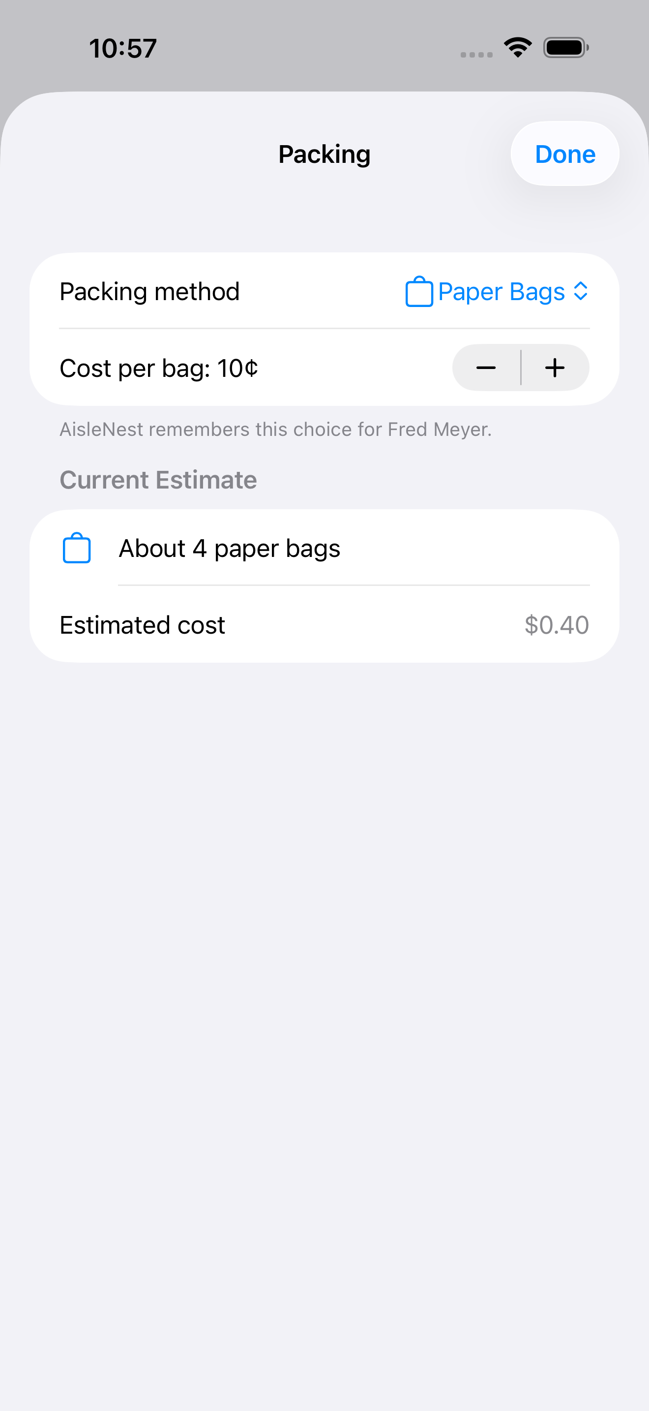AisleNest shopping list showing a paper bag estimate and container cost
