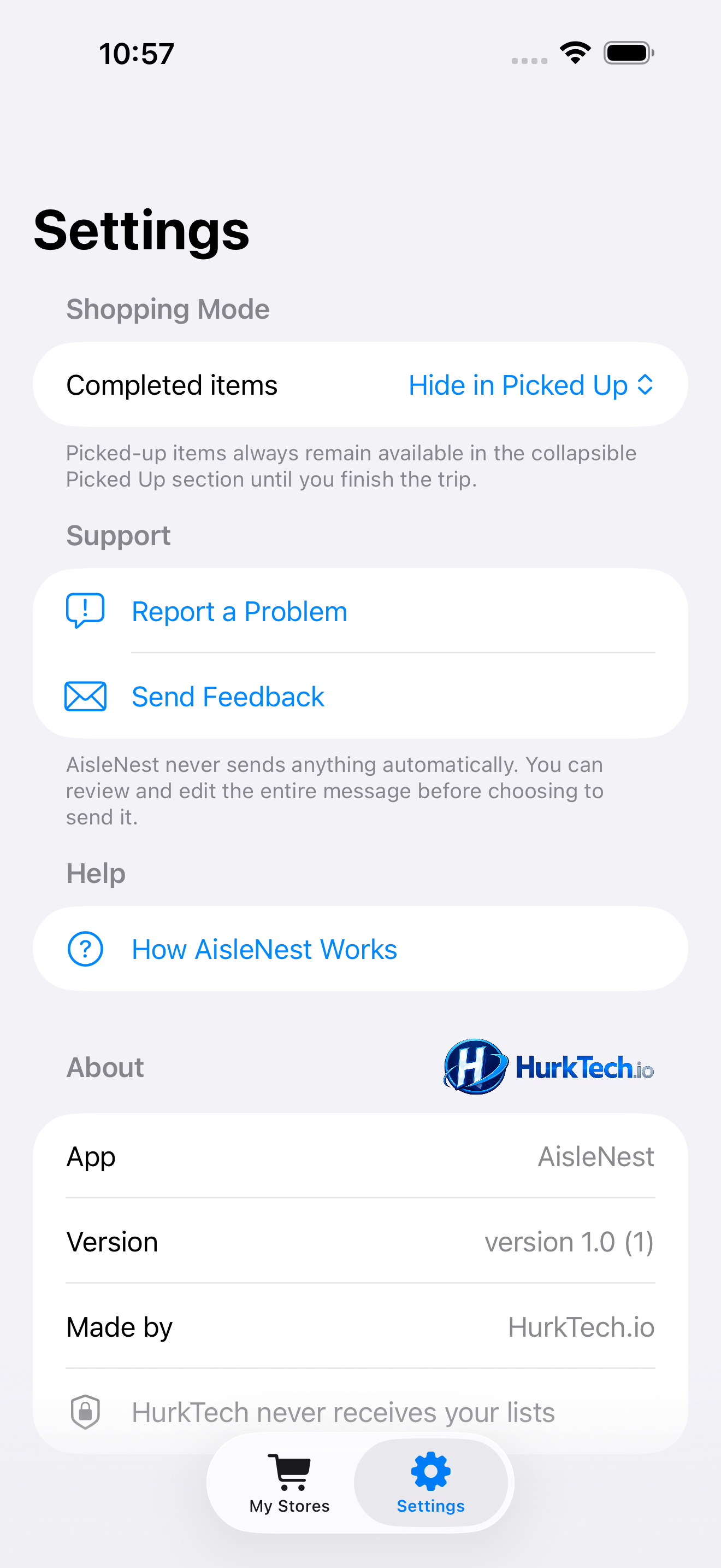AisleNest settings showing privacy information and support options