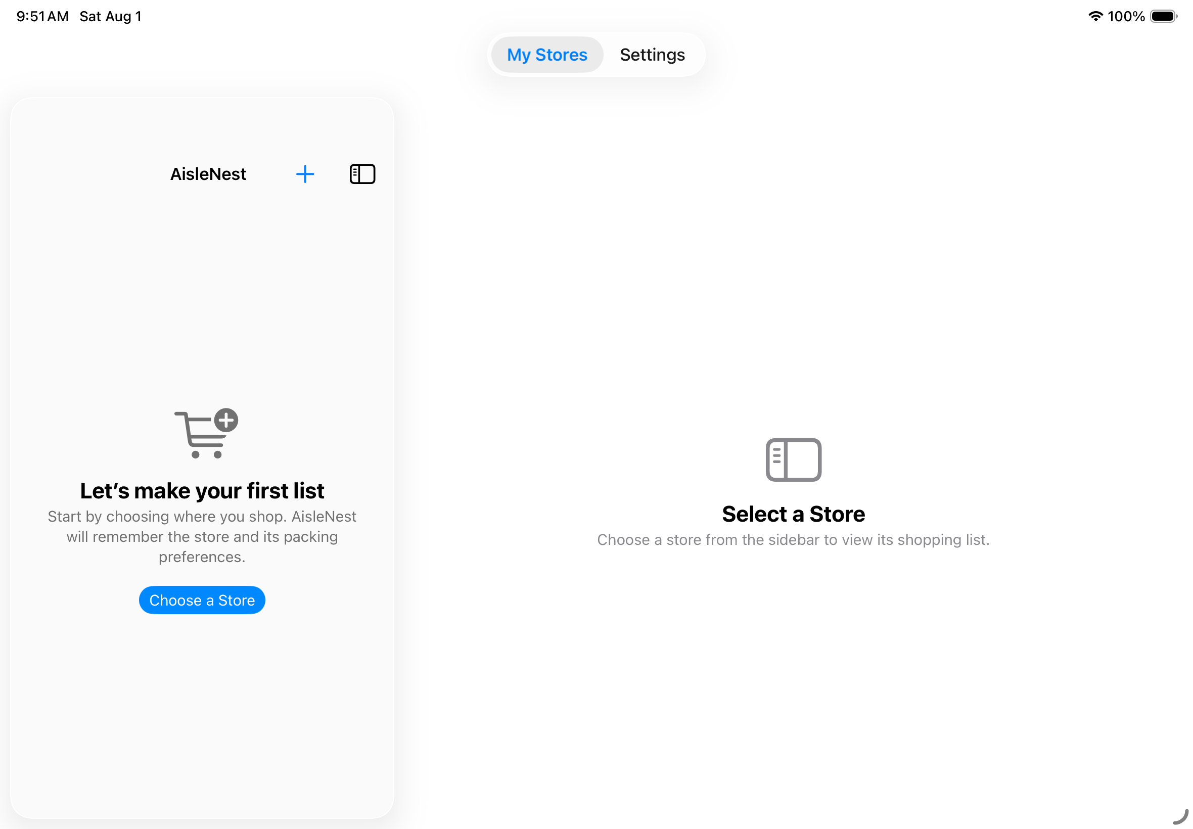 AisleNest empty-list screen on iPad with the store sidebar and detail area visible