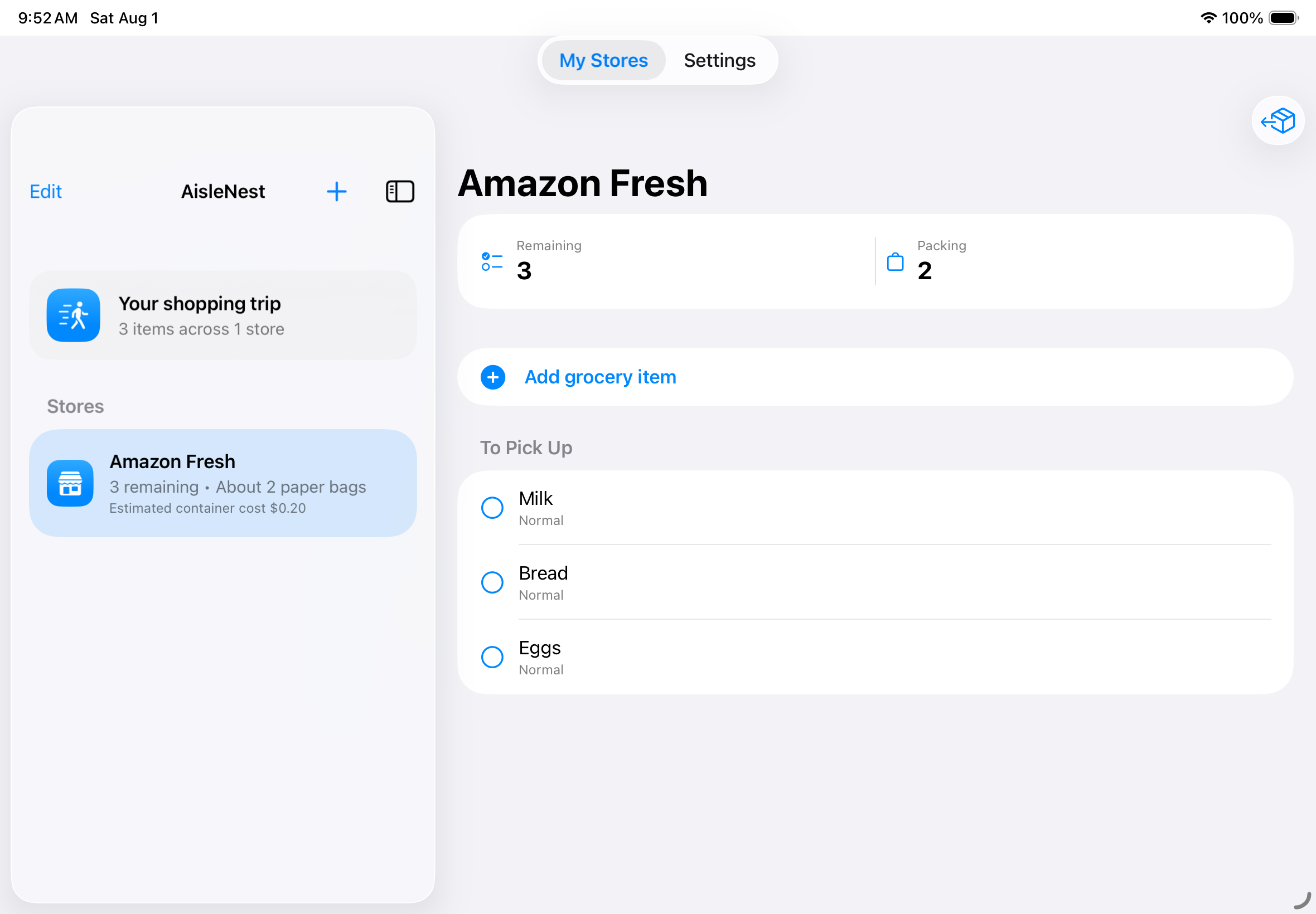 AisleNest on iPad showing an Amazon Fresh shopping list beside the store sidebar