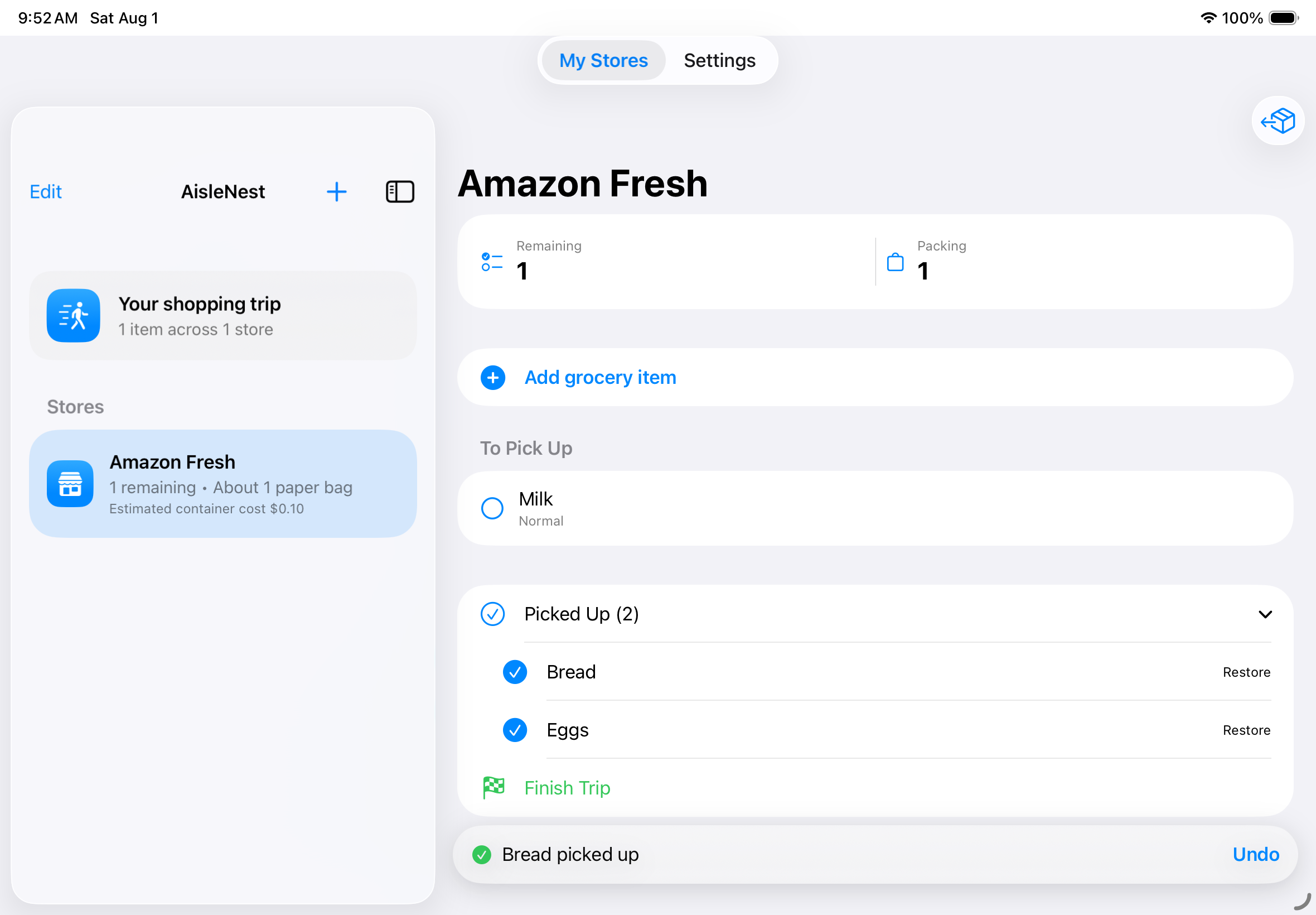 AisleNest on iPad showing remaining and picked-up grocery items