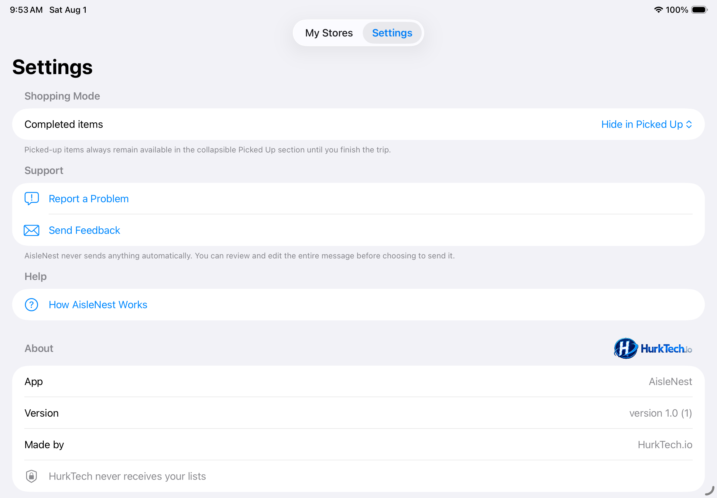 AisleNest settings and support options displayed on iPad
